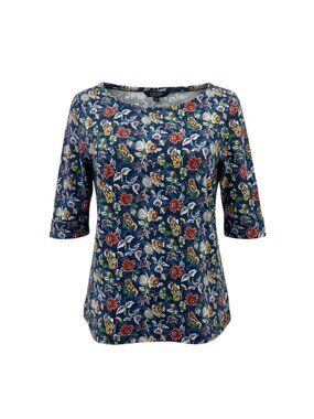 Lauren Ralph Lauren Womens Blue Floral Print Cotton Blend Top Size L